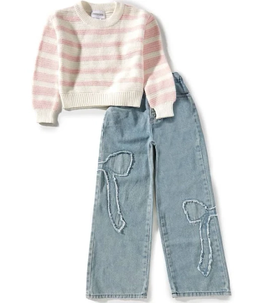 Tween Diva Girls' Striped Sweater & Bow Jeans Set