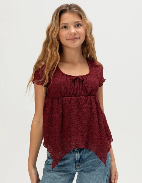 RSQ Girls Texture Babydoll Top - BURGUNDY