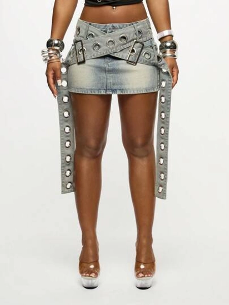 SUMWON WOMEN Denim Mini Skirt Grommet Belt Vintage Wash Distressed Low Rise Streetwear Festival Y2K Punk Rock Club Party Statement Double Belt Design Eyelet Side Straps Raw Edge