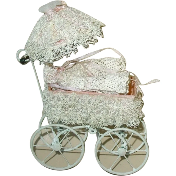 Victorian Style ~ Doll House ~ Metal Buggy & 3" Bisque Baby