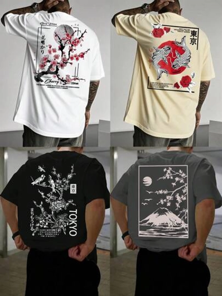 4pcs Men's Casual Street Wear Japanese Style Short Sleeve T-Shirt, Summer