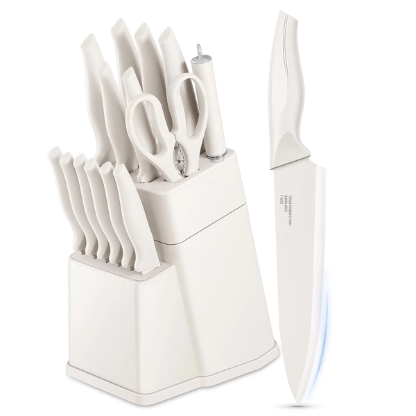 Vesteel Knife Set for Kitchen with Block, 15 Pcs High Carbon Stainless Steel Kitchen Knife Set with Self Sharpening - White - Walmart.com