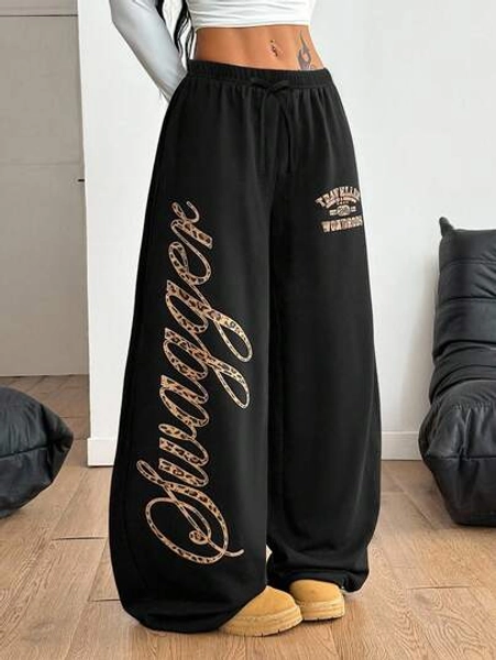 SHEIN Tween Girls' Loose Casual Minimalist Comfortable Mid-Waist Letter Print Wide Leg Sweatpants Fall Winter