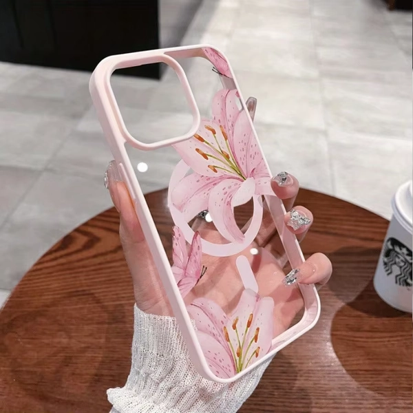 Pink Lily Magnetic Phone Case For iPhone 17 16 15 14 13 12 11Pro Max Plus It features a stylish pattern design - AliExpress 