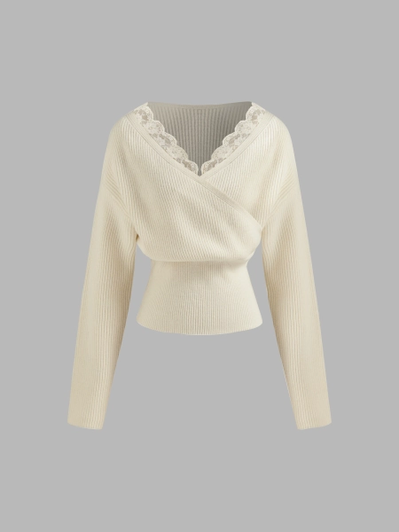 Fall Sweater Fall Sweater Valentine Knit Fabric Knit V-neck Solid Lace Trim Wrap Long Sleeve Top For Daily Casual