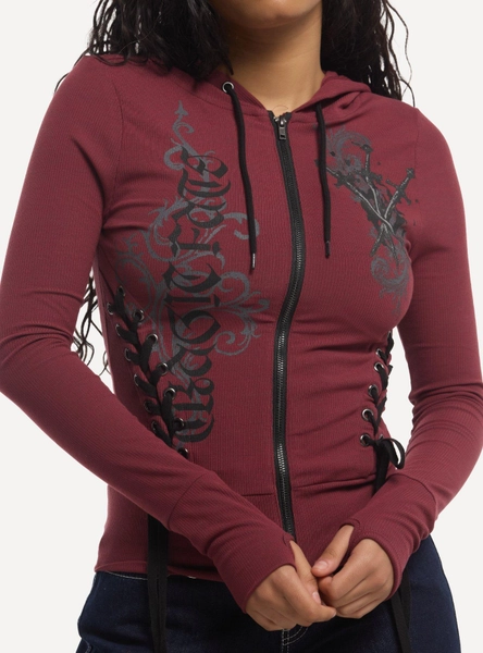Social Collision Dagger Tragic Fate Ribbed Girls Fitted Hoodie