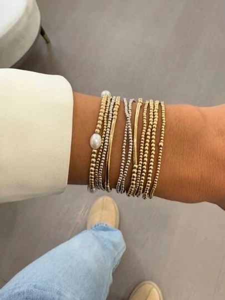 11Pcs Fashionable CCB Gold & Silver Bead Faux Pearl Multilayer Elastic Bracelet Set, Stackable Bracelets For Women, Daily, Vacation, Party Jewelry