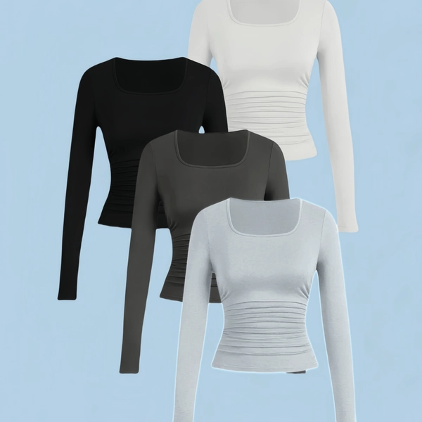 4pcs Women'S Casual Square Neck Long Sleeve Tops - High Elasticity Solid Color Shirts, Suitable for All Seasons, Machine Washable (White/Black/Grey/Steel Grey), Round Neck Design, Elastic Fabric, Waistband Ruching Design, Waist Cinching