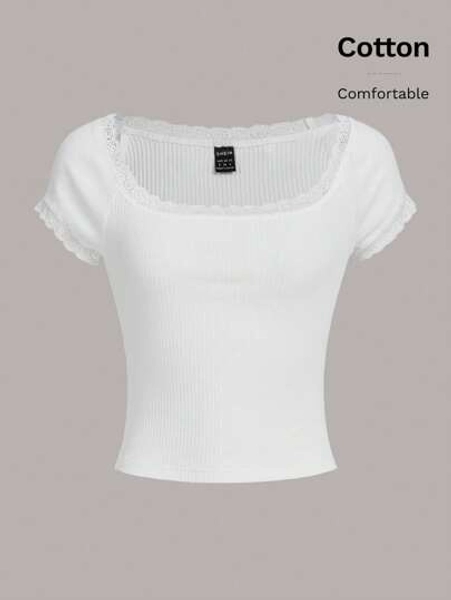 SHEIN EZwear Lace Trim Scoop Neck Rib-Knit White Tee Tops Whitewhite Top Girls