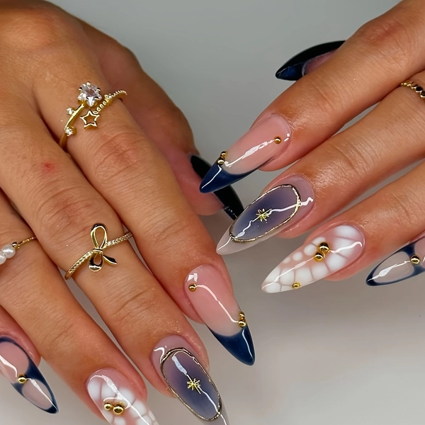 Box of 24 Classic Press-On Nails Sweet Cool Party Blue Golden Cross French Square Gradient Almond Medium Fake Nail Set, Reusable and Long-Lasting, Suitable for s and Women Gift with Jelly Glue and Nail File