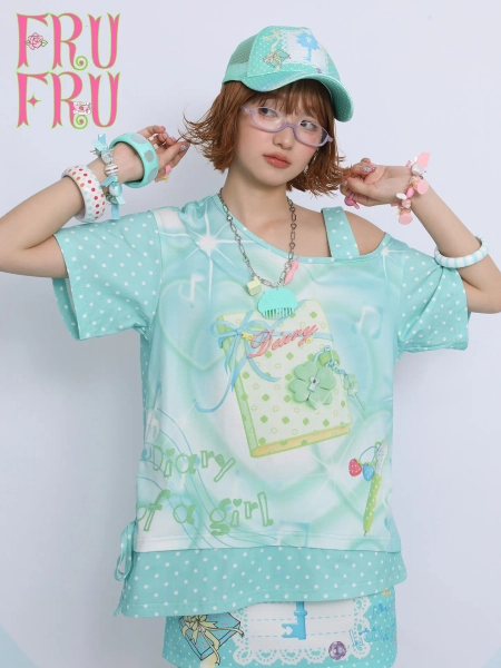 【frufru】 Rose Café Clover Off-Shoulder Oversized T-Shirt 🍀 - S