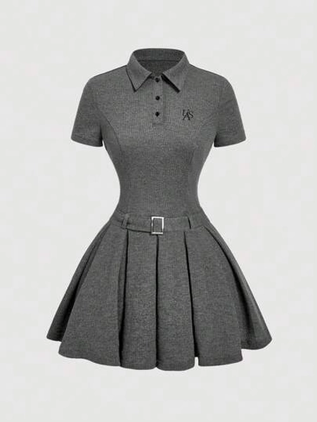 SHEIN MOD Vintage Grey Summer Polo Collar Short Sleeve Dress With Belt,Embroidered Pleated Accordion School,Back-To-School Casual Old Money Aesthetic Preppy - Size XS