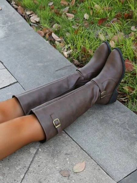 EMERY ROSE GO WITH Dress Women's Fashionable Comfortable Chunky Heel High-Cut Riding Boots With Inner Zipper, Pointed Toe Matching Dress