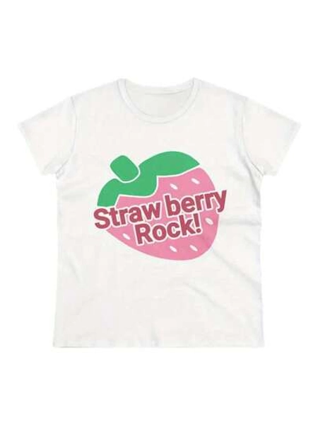 Strawberry Rock Kawaii Anime Cute Printed T-Shirt, Women's Printed T-Shirt 220g, 100% Cotton, Retro Street Women's Short-Sleeved T-Shirt, Round Neck Casual Women's Outdoor T-Shirt Short-Sleeved, Halloween, Christmas, Daily Four Seasons Wear, Holiday Gifts