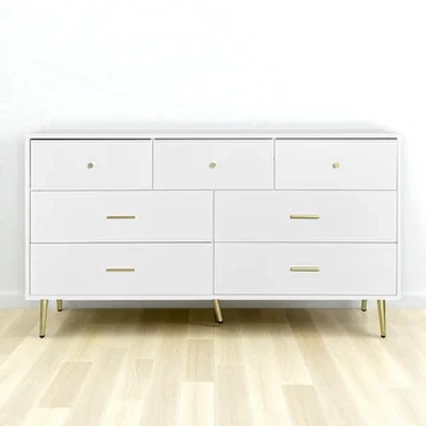 7 Drawer White Dresser with Gold Handles and Metal Legs, Large Chest of Drawers Storage Cabinet for Bedroom, Living Room.