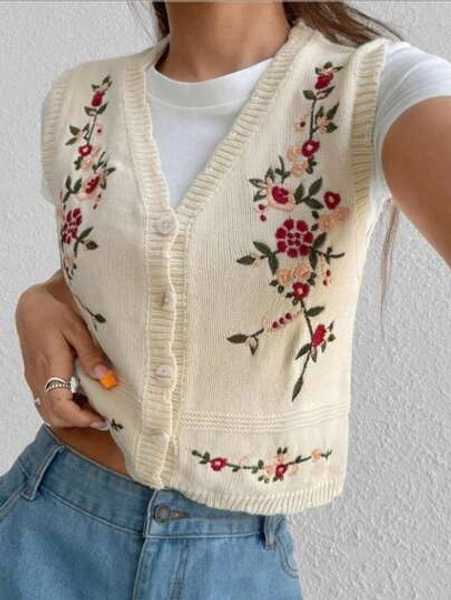 Plus Size Elegant Embroidered Knit Vest Cardigan