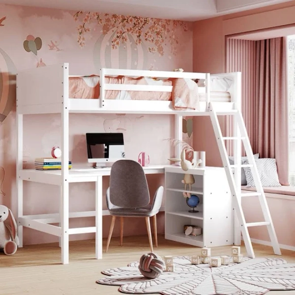 Wooden Loft Bed With Desk & Shelves – Space-Saving Wood Frame Latitude Run Color: White