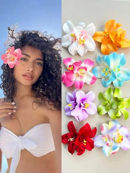 1/8pcs Hawaiian Flower Hair Clips, Women's Artificial Flower Hair Clips, Plumeria Flower Hair Clips, Hibiscus Flower Hair Clips, Suitable For Holiday Beach Party, Summer Tropical Flower Hair Accessories, Wedding Party, Holiday Gift For Girls, Hair Claw Clips, Hair Clips, Hair Pins - Size 8 Items