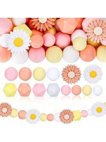 50pcs/Set Daisy Sunflower Focal Beads 12/15mm Round Silicone Beads 14mm Mini Hexagon Silicone Rubber Decorative Beads For DIY Beading Key Chain Bracelet Necklace Beaded Pen Jewelry Craft Accessories Valentines
