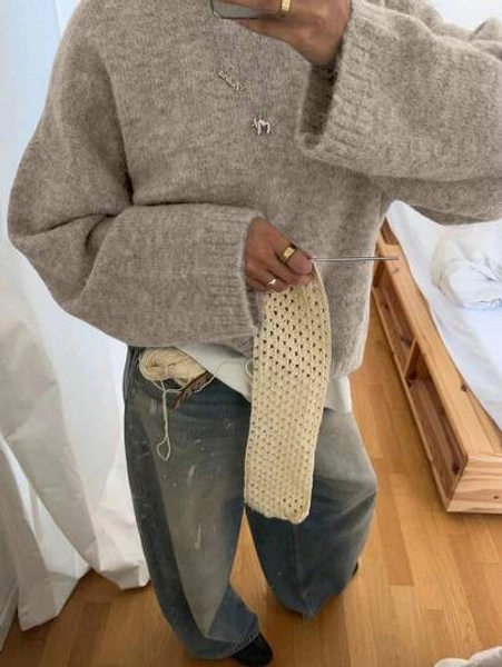 VIBEWAVE Heidegrau Vintage Amerikanischer Stil Rundhals Pullover, Gemütlicher Strickpullover für Herbst/Winter
