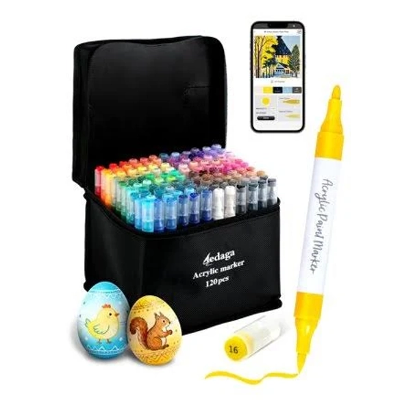 120 Colors Acrylic Paint Pens with Free App, Dual Tip Acrylic Paint Markers with Brush Tip and Fine Tip for Adults, Kids, Eggs, Wood, Rock, Canvas,