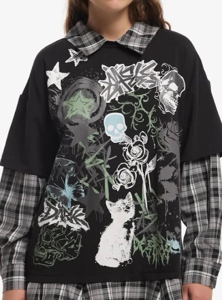 Social Collision Long-Sleeve Cat Skull Doodle Twofer Dress