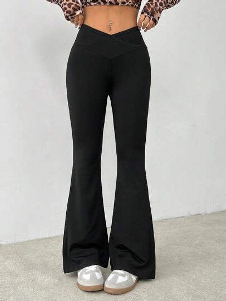 SHEIN PETITE Simple Solid Color Wrap High Waist Flared Pants