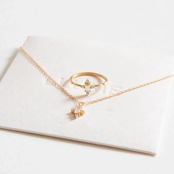 Gold Plated Waterproof Pendant Necklace & Ring Jewelry Set