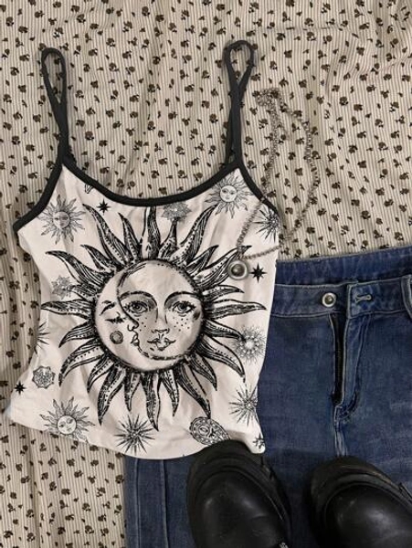 Attitoon Women's Casual Sexy Camisole Vest, Sun & Moon Graphic Print, Color Block Spaghetti Straps, Suitable For Summer, Music Festivals