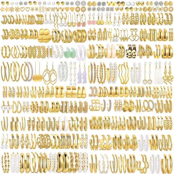 Random 24/ 48pcs Set of European And American Simple And Elegant Style Geometric Ring Large O-Ring Butterfly Heart Twist Imitation Pearl Ring Chain Flower Women'S Fashionable Earring Set