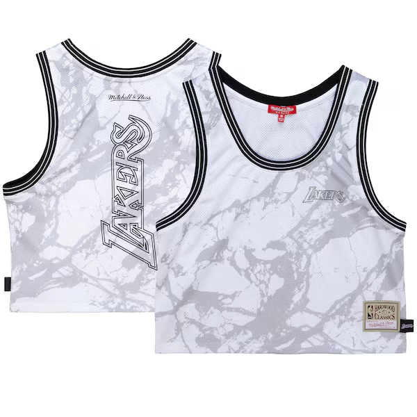 Women's Los Angeles Lakers Mitchell & Ness White Hardwood Classics Marble Cropped Tank Top