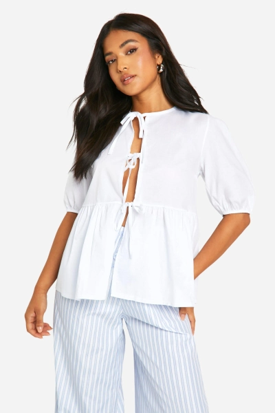 Petite Tie Front Volume Sleeve Cotton Top