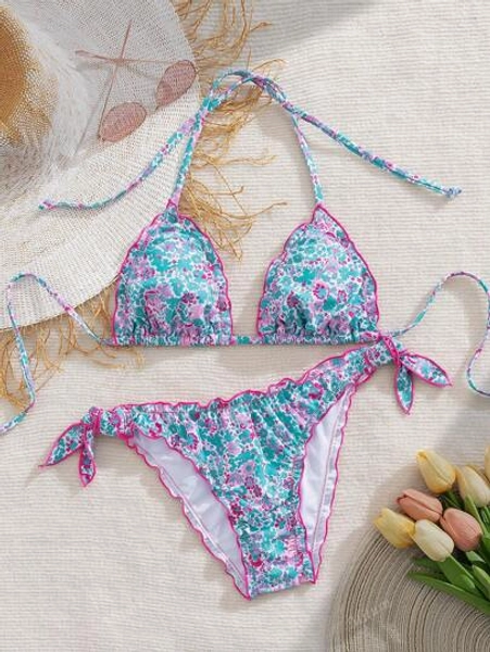Miturn Women's Cute Floral Lace Pleated Bikini Two Pieces Set, Suitable For Summer Island Vacation Swimming
