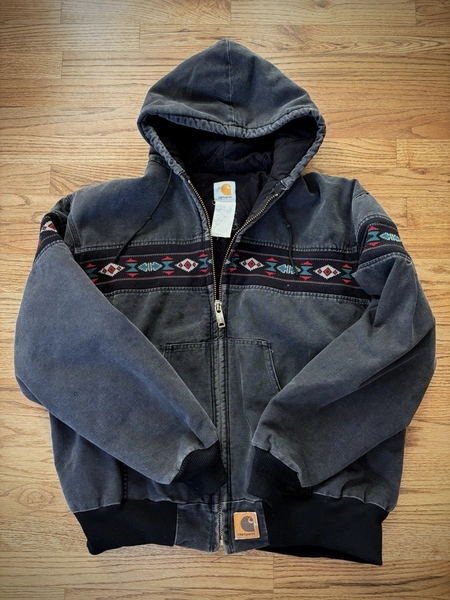 MENS VINTAGE CARHARTT JACKET SOUTHWEST AZTEC HOODED SANTA FE BLACK LARGE