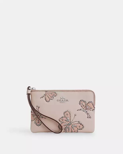 Silver Corner Zip Wristlet With Sparkly Butterfly Print