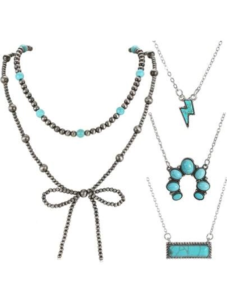 5PCS Western Necklaces For Women Layered Pearl Bow Necklace Turquoise Cow Lightning Horseshoe Pendant Necklace Cowgirl Boho Jewelry Set