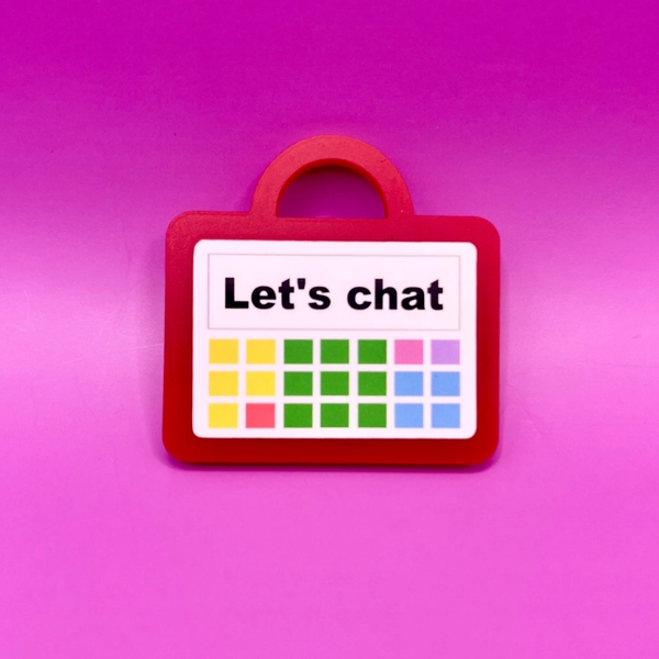 AAC device badge, acrylic ‘let’s chat’ communication device with metal pin attachment, great teacher gift or speech pathologist SLP gift
