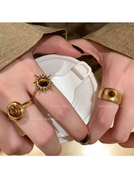 1pc/3pcs Gold Sunflower & Tiger Eye Stone Ring, Unique Design Open Adjustable Ring For Women