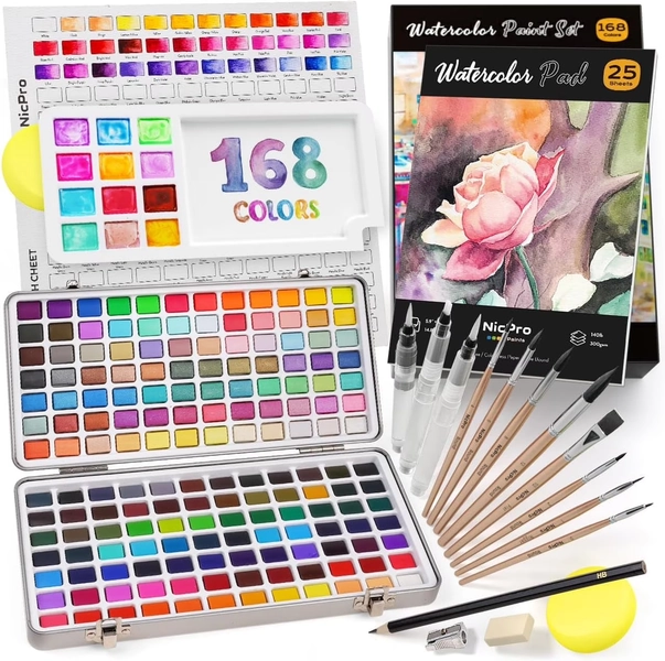 Nicpro 168 Colors Watercolor Paint Set include Metallic Macaron Candy Fluorescent, 8 Squirrel Painting Brushes, 25 Water Color Paper, Palette, Art Supplies Kit for Artist, Adult, Beginner