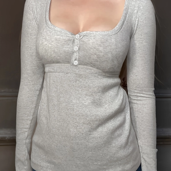Women'S Y2K Aesthetic Long Sleeve T-Shirt - Button-Front Blouse, Beige/Neutral Tones, Fall Wardrobe Essential for Casual & Formal Outfits, Autumn Clothing, Retro Fashion, Durable Construction, Buttonup Top, Fashion Lovers