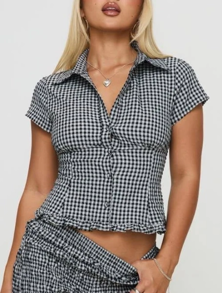Princess Polly Women's Covey Check Smocked Puff Sleeve Crop Shirt