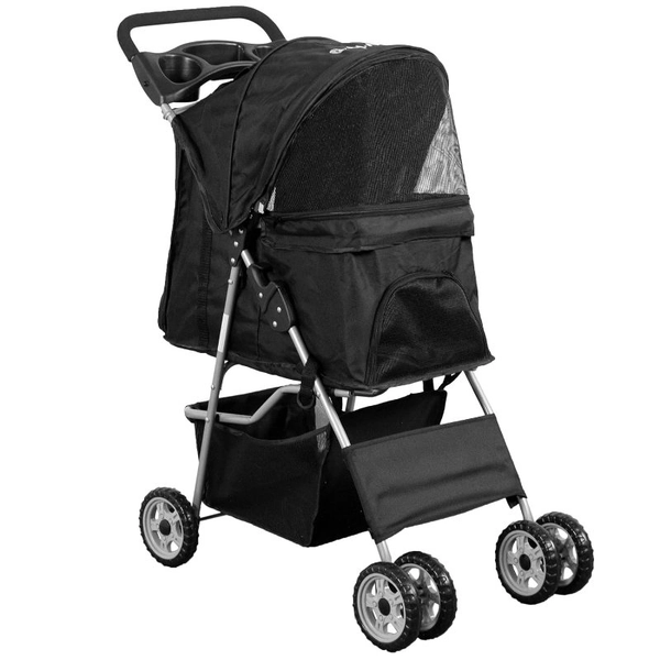 Black 4 Wheel Pet Stroller Dog and More, Foldable Strolling Cart, STROLR-V001K
