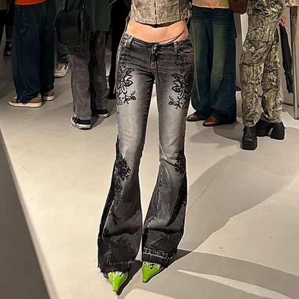 Women's Jeans  New American Retro Street Style Plant Print Washed Vintage Low-Rise Flare Pants Trendy Versatile - AliExpress 200000345