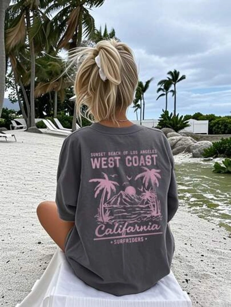Women's New Summer Casual Round Neck Short Sleeved T-Shirt With Simple And Versatile Palm Tree Slogan Print Suitable For Daily Wear. Graphic Tees Women Vacation`
