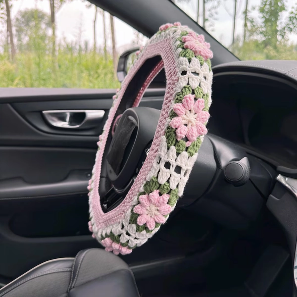 Pink Sunflower Car Steering Wheel Cover,crochet Steering Wheel Cover,flower Seat Belt Cover,cute Steering Wheel Cover,car Accessories - Etsy