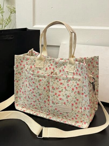 Spring/Summer New Floral & Polka Dot Print Vacation Fashion Women's Tote Bag For Work,Computer And Documents With Shoulder Strap,Simple And Sweet Daily Shopping Bag With Multi-Pocket Design And Large Capacitylarge Capacity,Weekender Bag,Weekend Overnight Bag, Literary Shopping Bag & Book Bag For Women Or Students, Perfect For Books,Shopping And More Book Tote BagLightweight,Portable,Large Capacity,Luggage Strap Design,Laptop Compartment, Suitable For Teen Girls Women College Students, Perfect For Back To School,College,Middle School, High School