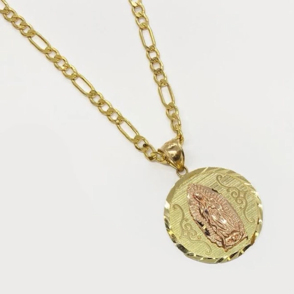 14K Solid Gold Virgin Mary Round Pendant Charm Necklace