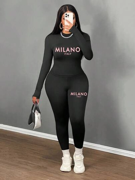 Slaydiva 2pcs/Set Women Casual MILANO Letter Graphic Crew Neck Long Sleeve Tight Fit Outfit, Suitable For Autumn/Winter Two Pieces Casual Set Women Black Two Pieces Set Women 2 Pieces Lounge Set Women Two Pieces Legging Set Women Legging Two Pieces Set,Fall