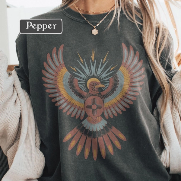 Thunderbird Graphic Tee - Southwestern Vintage Style Eagle Comfort Colors Shirt, Retro Boho Aesthetic Unisex Women's Men's Festival Outfit