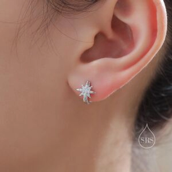 Sterling Silver Minimalist Cz Starburst Huggie Hoop Earrings